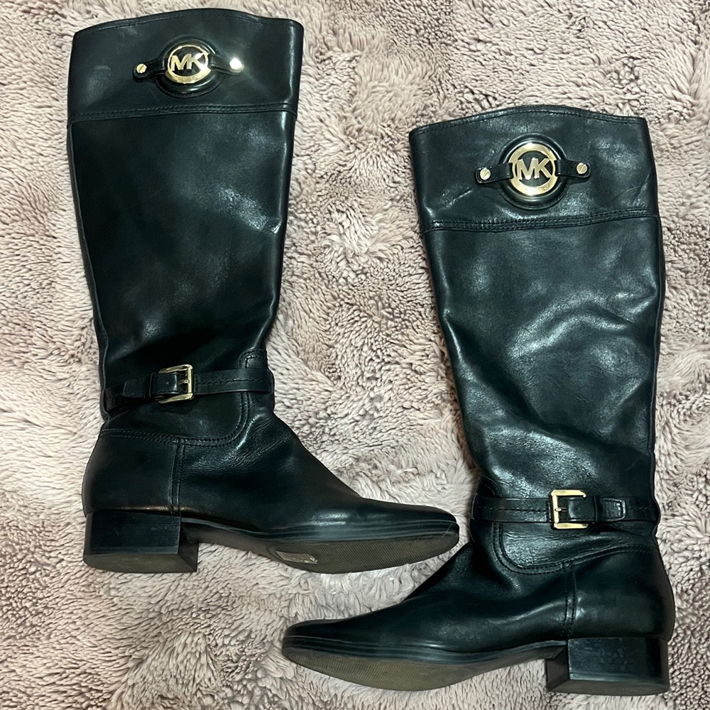 Michael Kors Black Leather Boots with Gold Accents